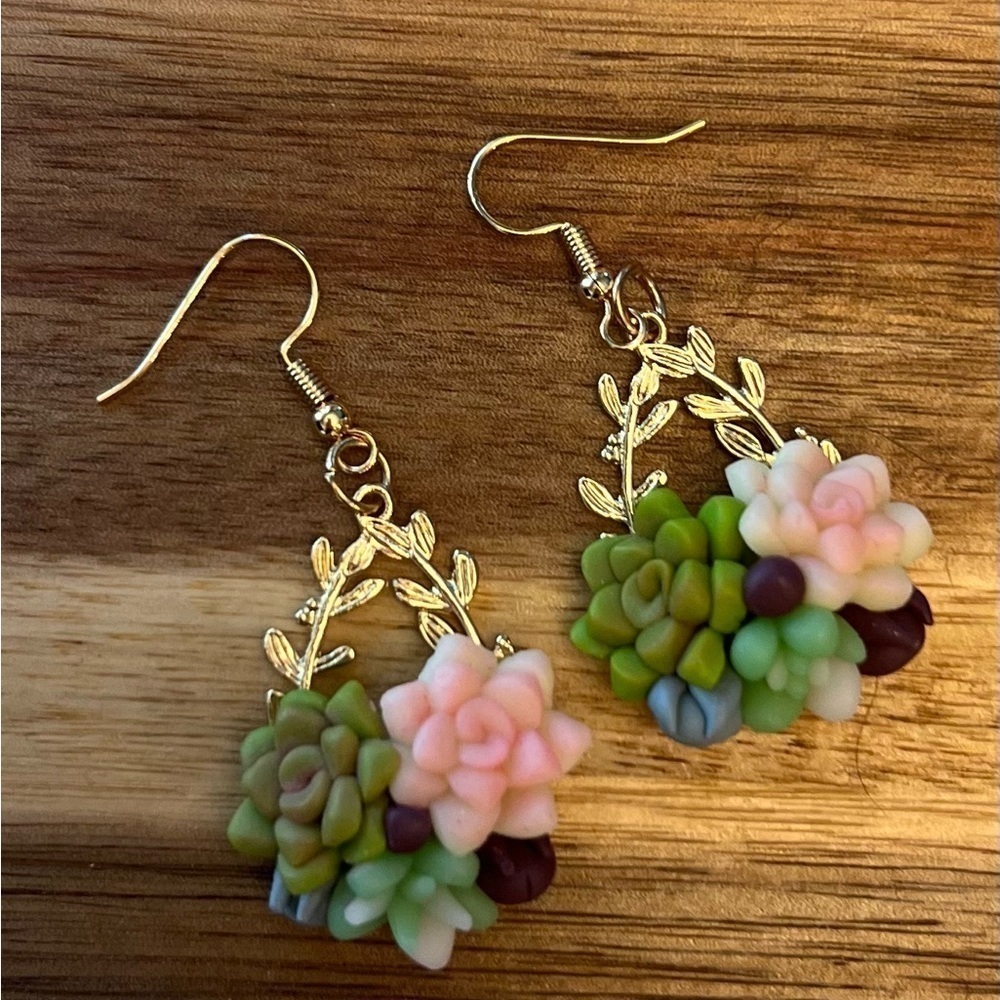 Succulent Cluster Dangle Earrings - Picture 7 of 7